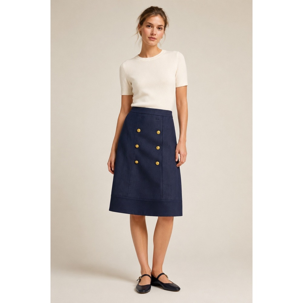 J.Crew‎ Women Gold Button Linen Blend Skirt 4 Nautical Preppy Navy Blue READ
